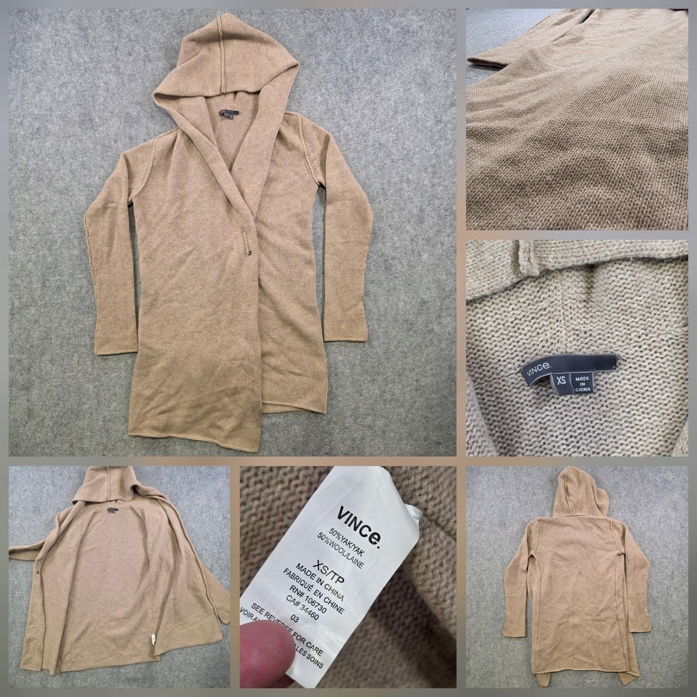 Vince Sweater Womens XS‎ Beige Yak Wool Hooded Open Front Longline Cardigan Knit